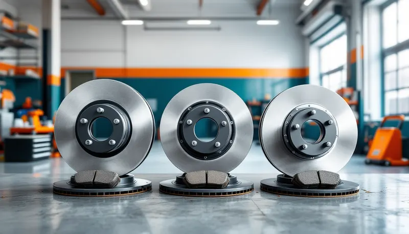 Brake rotors and pads for a compact car, a crossover and a truck lined up by size