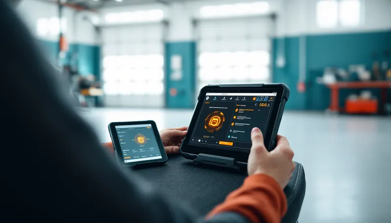 Parts-store code reader next to a factory-level diagnostic tablet while a check engine light is on