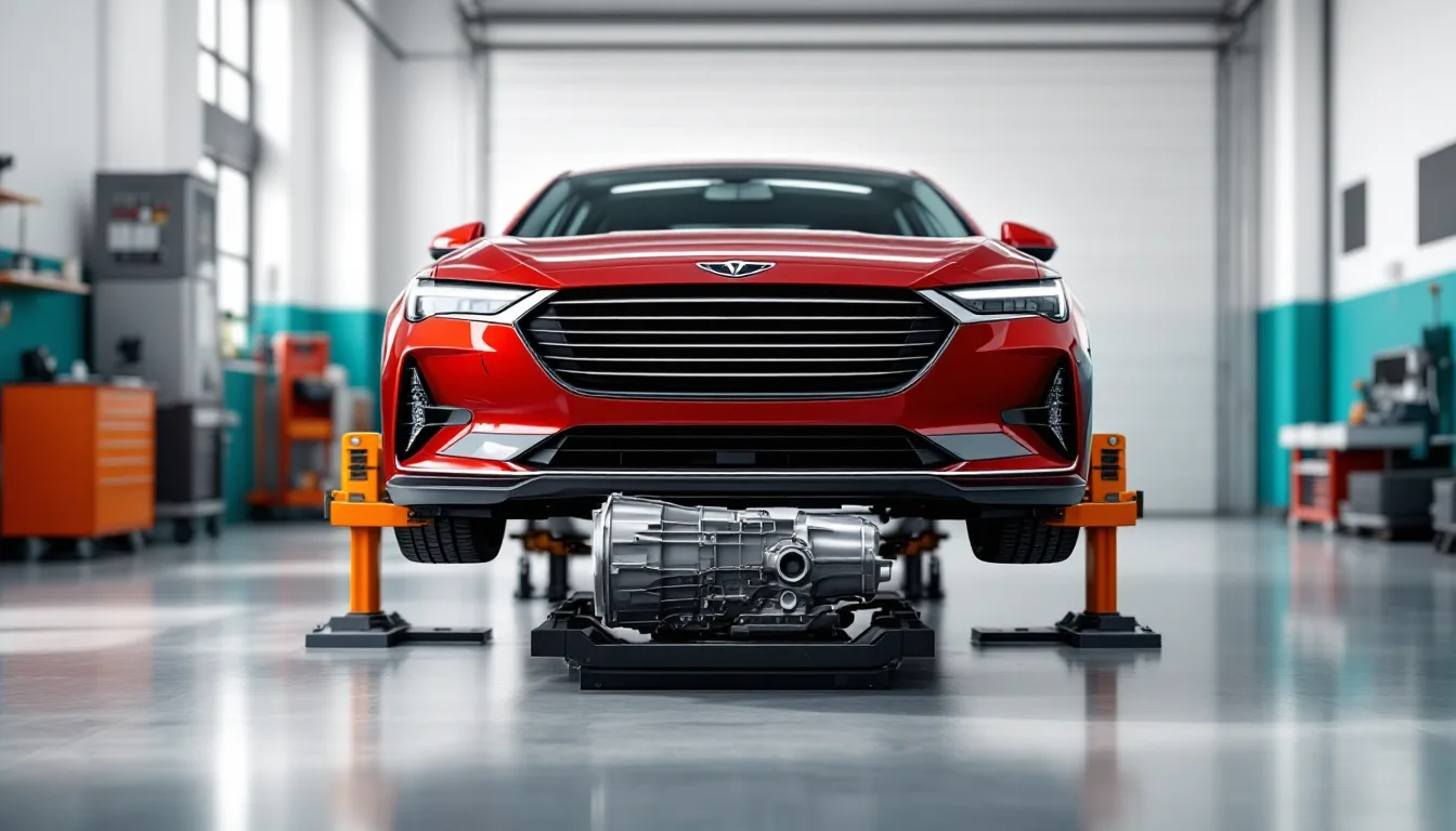 Technician checking automatic transmission fluid level and color on a sedan raised on a lift in a repair bay