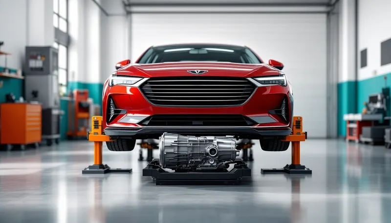 Remanufactured transmission on a jack ready to be installed under a sedan in Dallas