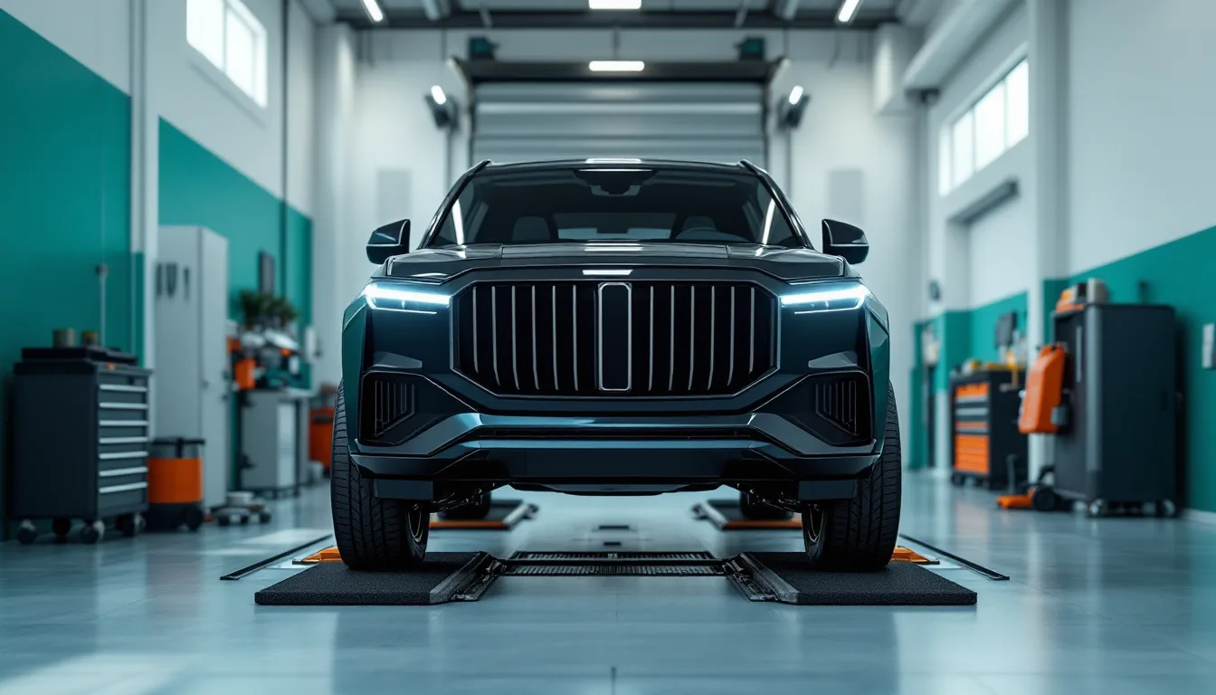 Full-size SUV on a lift for a transmission fluid exchange at a Dallas all-makes shop