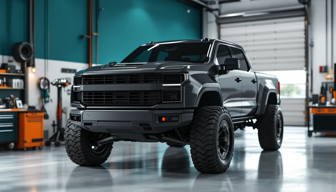 Half-ton pickup on a lift for a brake job at an independent shop in Dallas