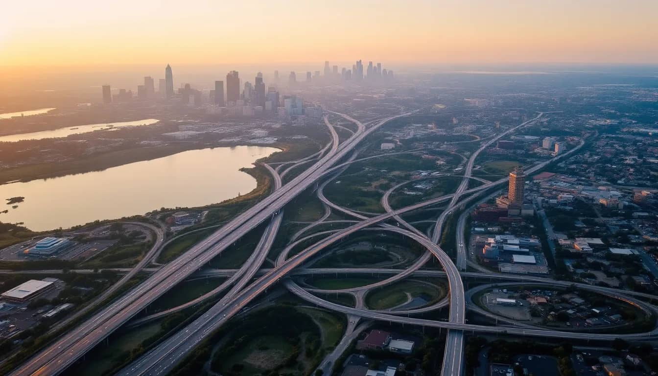 Aerial view of the Dallas freeways and the lake to the east that the 30-mile service radius covers