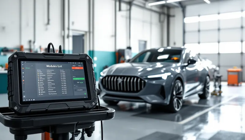 Factory-level diagnostic tablet connected to a car with its check engine light on in a Dallas repair shop