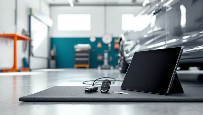 Spare car keys being programmed with a diagnostic tablet at an independent Dallas shop