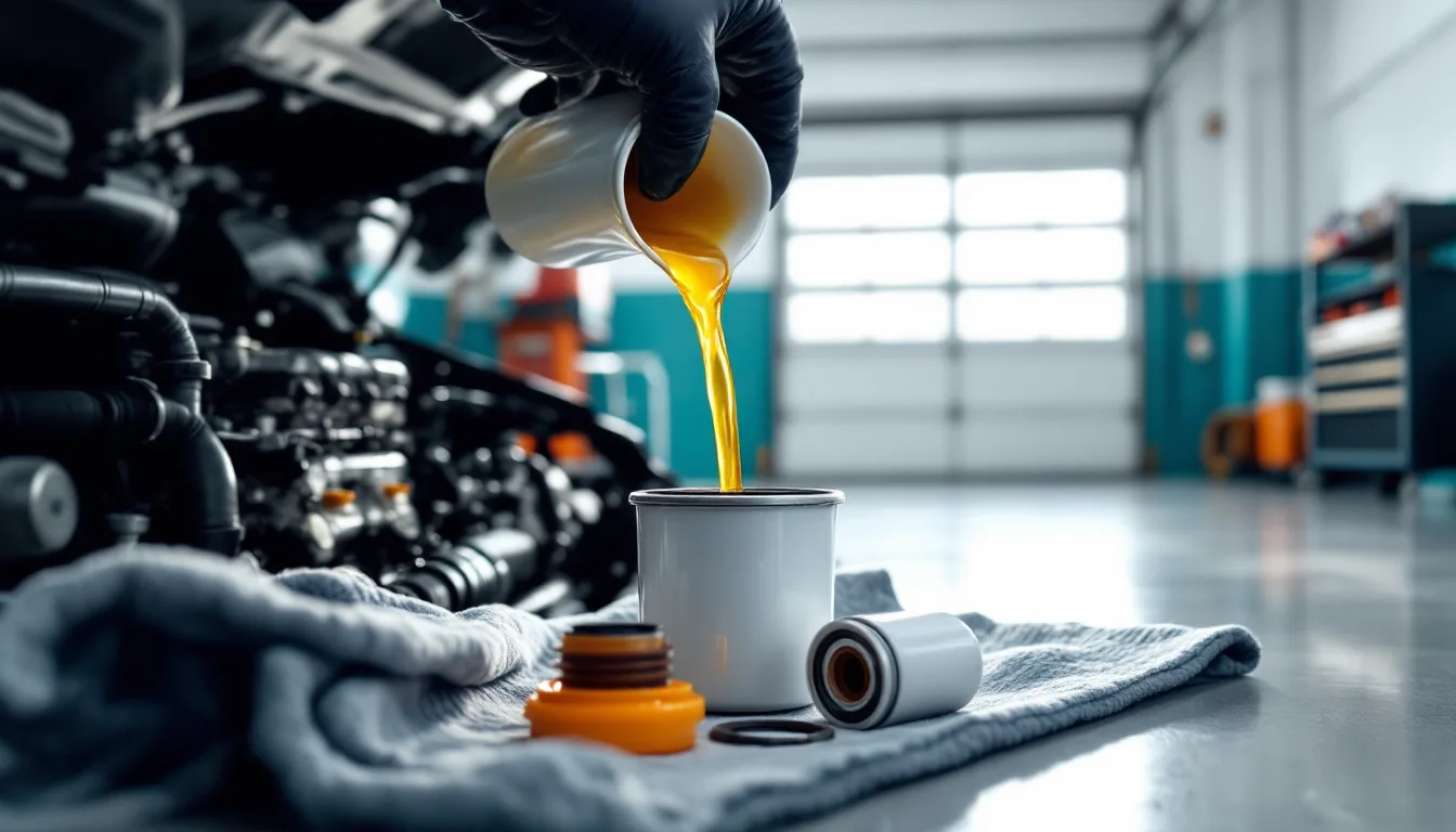 Full synthetic oil being poured into an engine during an oil change at an independent Dallas shop