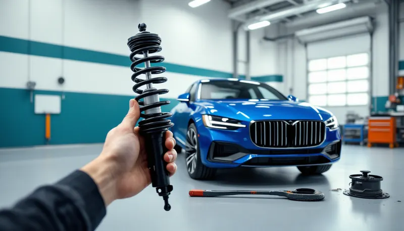 New strut assembly next to the worn one it replaces during suspension repair in Dallas