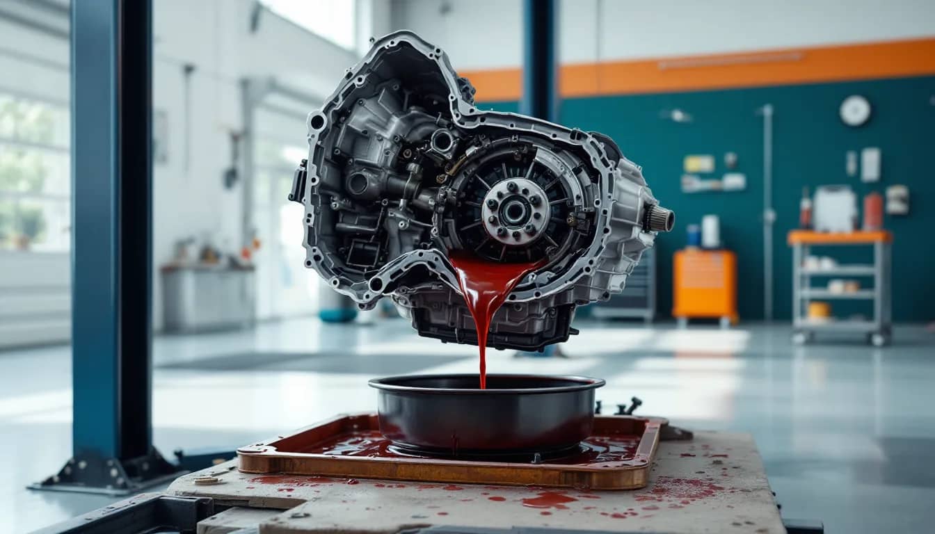Transmission pan removed for a fluid and filter service at a Dallas all-makes shop