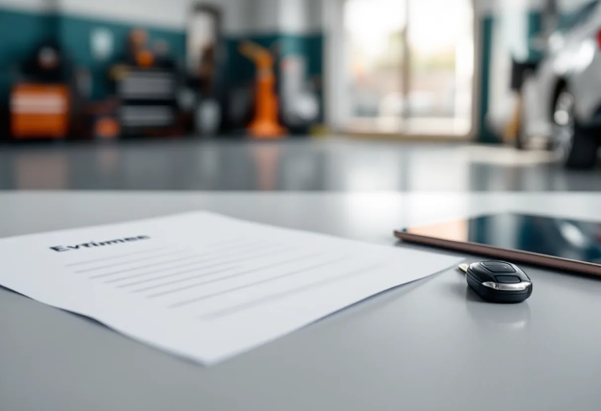 Written estimate and a car key on the service counter of an independent Dallas shop