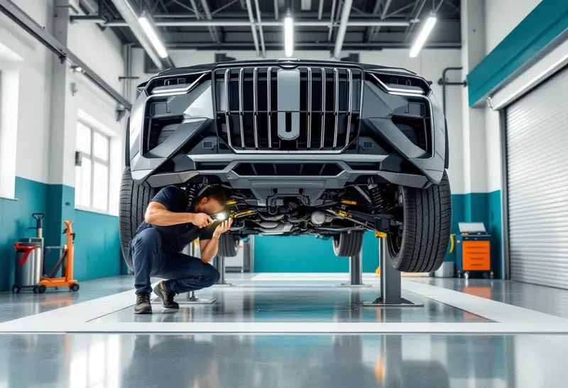Technician inspecting the suspension under a crossover on a lift in a Dallas workshop