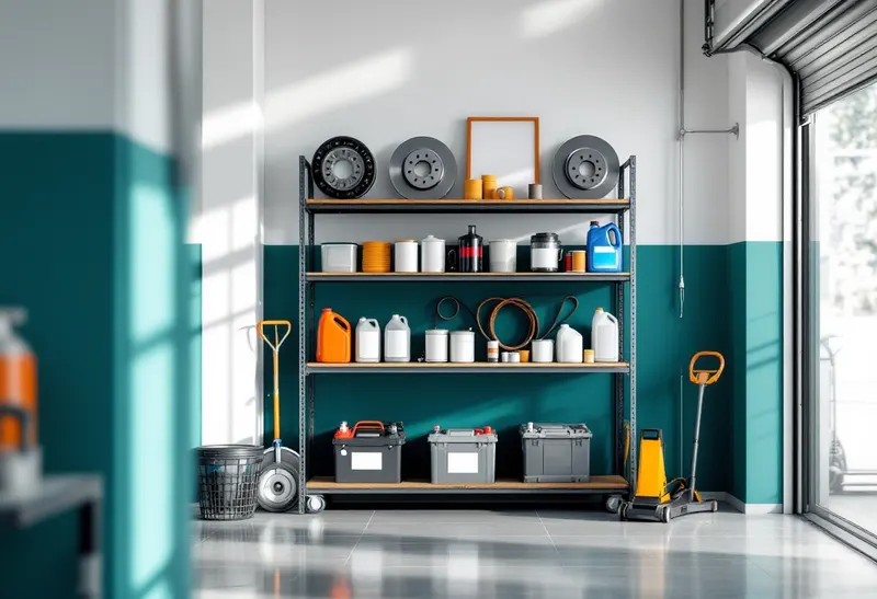 Shelf of new brake, filter, belt and fluid parts used for repairs at a Dallas all-makes shop